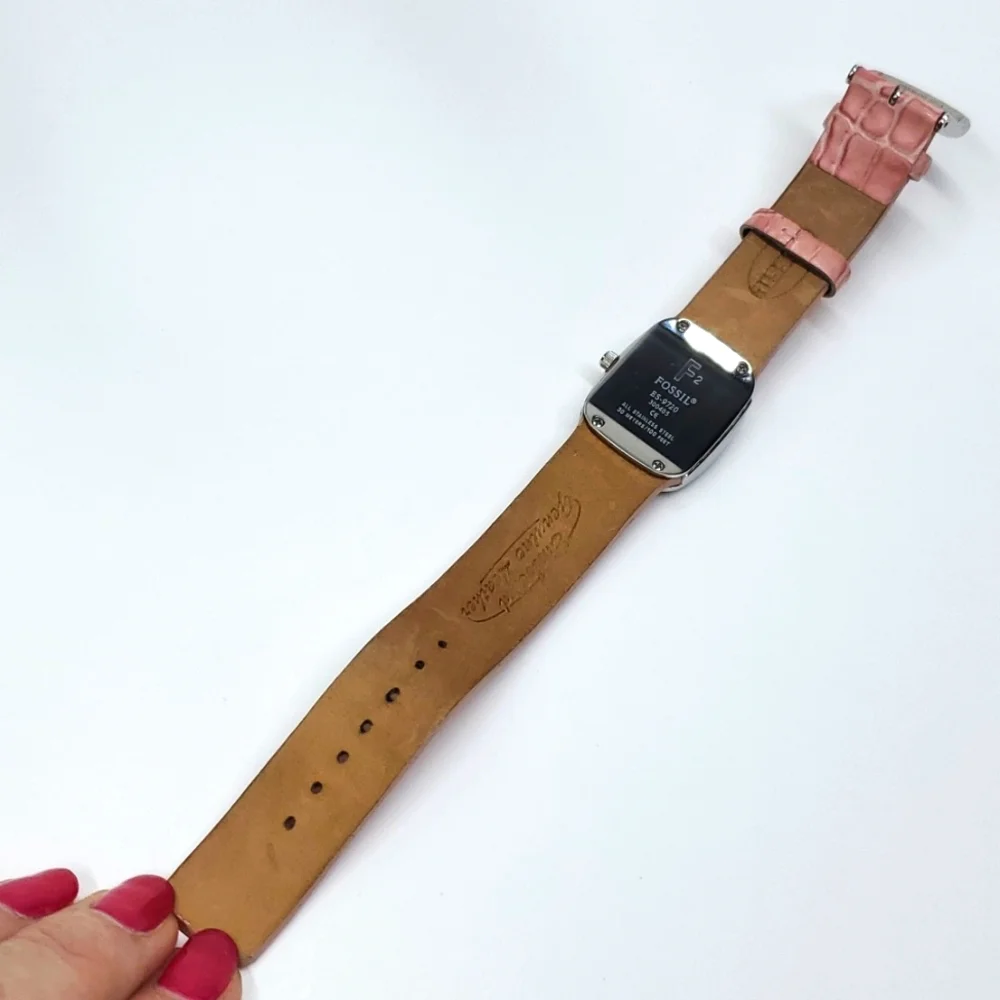 Vintage Fossil Watch F² ES9720 Salmon Leather Wristband Pink Mother of Pearl